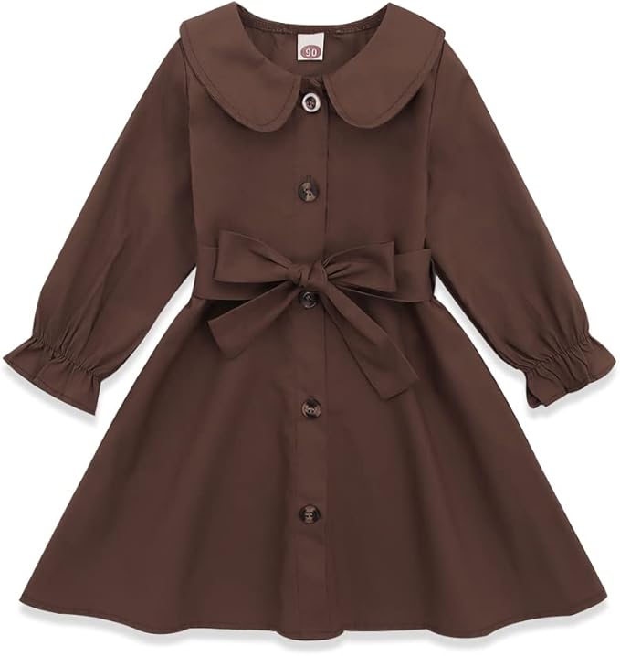 izyjoy幼儿女婴长袖连衣裙娃娃领儿童纽扣休闲纯色连衣裙秋冬春季服装